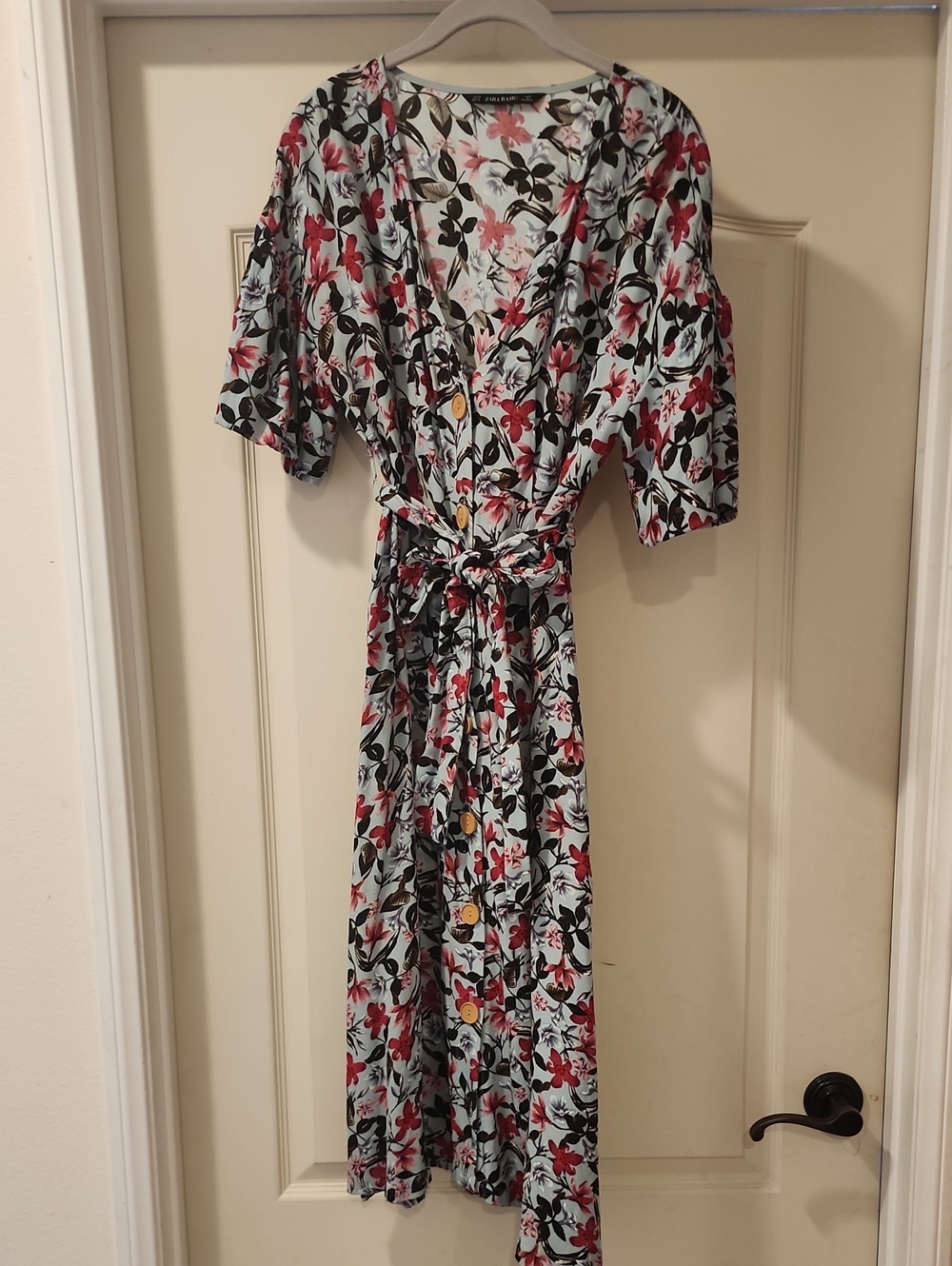 Zara Floral Wrap Midi Dress in Light Blue, Red and Black